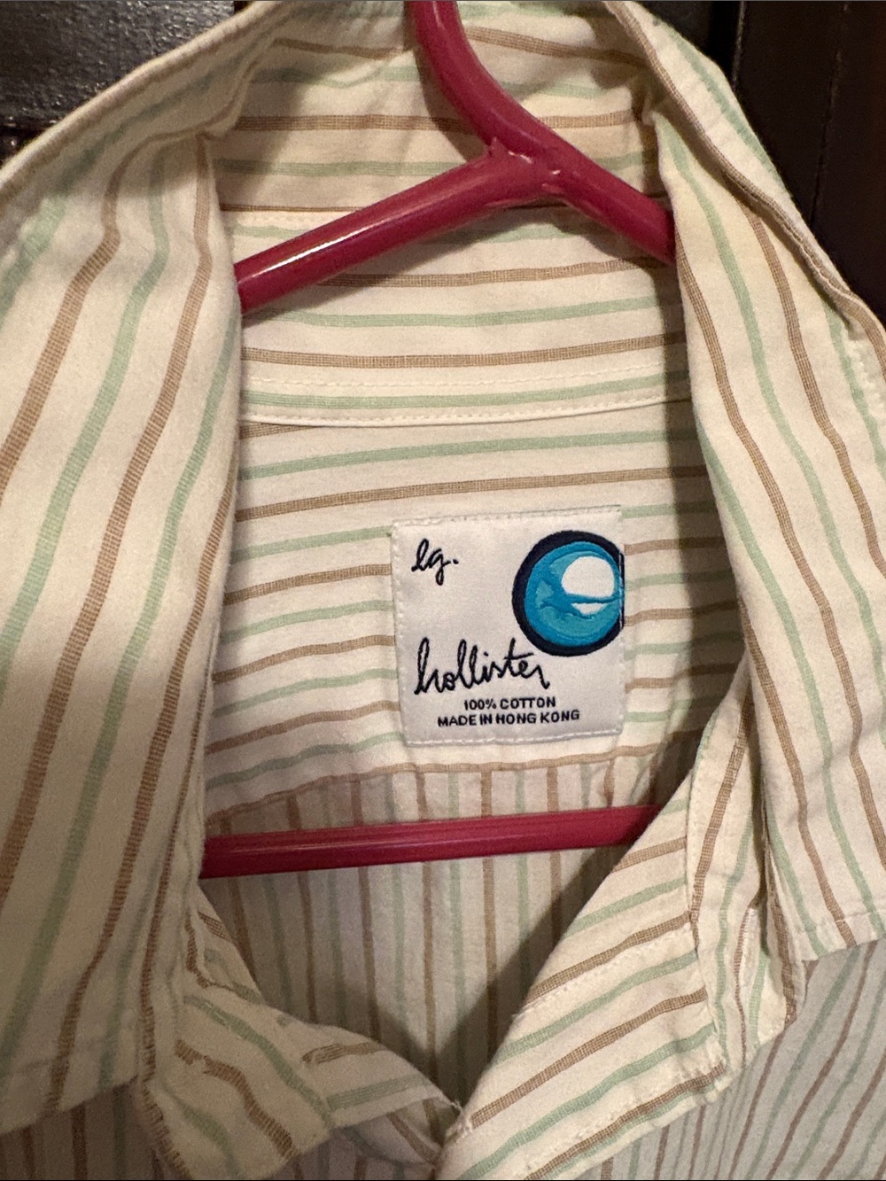 Hollister Cream Button-Up Shirt with Green & Tan Stripes